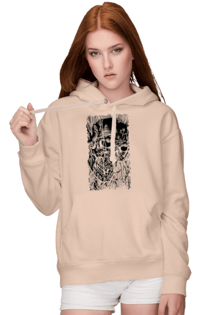 Women's hoodie with prints Skull. Black and white, bones, eyes, scull, teeth, worms. 2070702