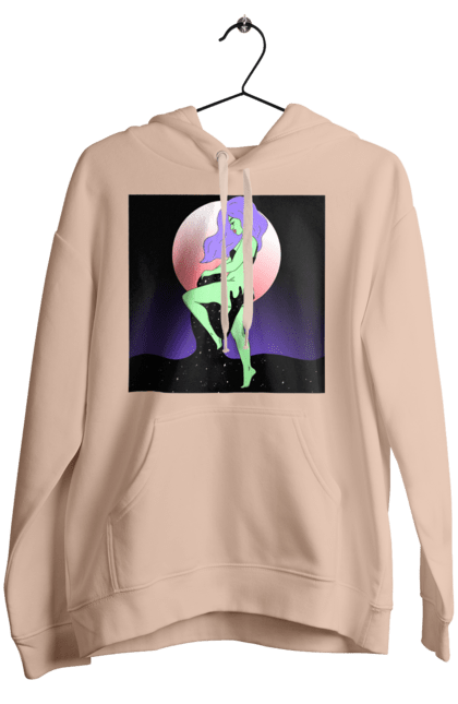 Women`s hoodie with prints Green Girl And The Moon. Alien, moon. 2070702