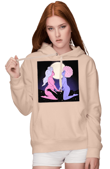 Women`s hoodie with prints Two Aliens And The Moon. Aliens, from above, girls. 2070702