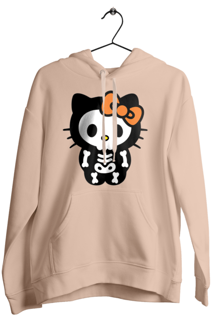 Женское худи с принтом Хелло Китти Хэллоуин. Halloween, hello kitty, zombie, бренд, зомби, котенок, персонаж, скелет, хелло китти, хэллоуин. 2070702