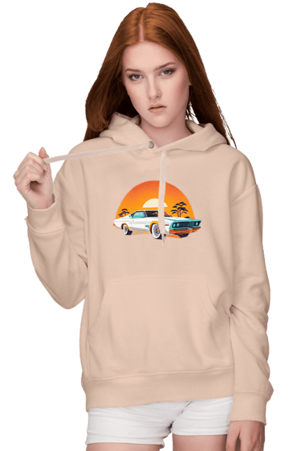 Women`s hoodie with prints Beautiful car at sunset. Auto, decline, sun. 2070702