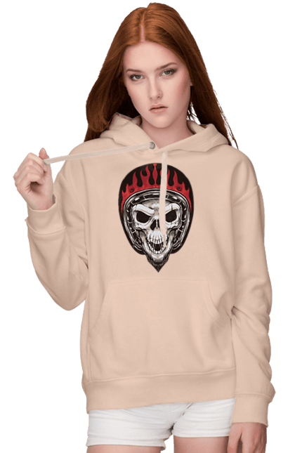 Women`s hoodie with prints Skull in a motorcycle helmet. Helmet, moto, skeleton, skull. 2070702