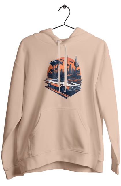 Women`s hoodie with prints Beautiful car at sunset. Auto, sun, sunset. 2070702