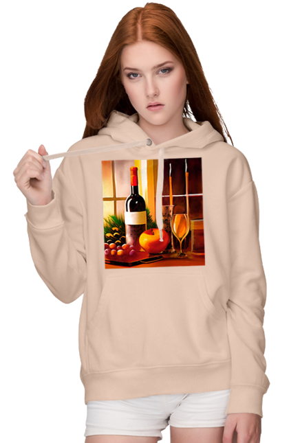 Жіноче худі з принтом "Святковий натюрморт". Вино, келихи, свічки, свято, фрукти. futbolka.stylus.ua