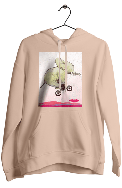 Жіноче худі з принтом "Слон На Мотоциклі". Мотоцикл, політ, слон. 2070702