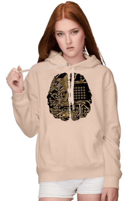 Женское худи с принтом Мозг Айти. Айти, айтишник, гик, знание, золото, золотой, инженер, кибер, кибернетика, киборг, код, комп, компьютер, кристалл, микросхема, мозг, печатная плата, программист, профессионал, профессия, разработчик, ум, чип. 2070702