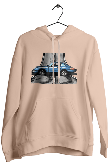 Жіноче худі з принтом "Спортивний Автомобіль На Дорозі". Автомобіль, гонки, синій, спортиного, швидкий, швидкісний. 2070702