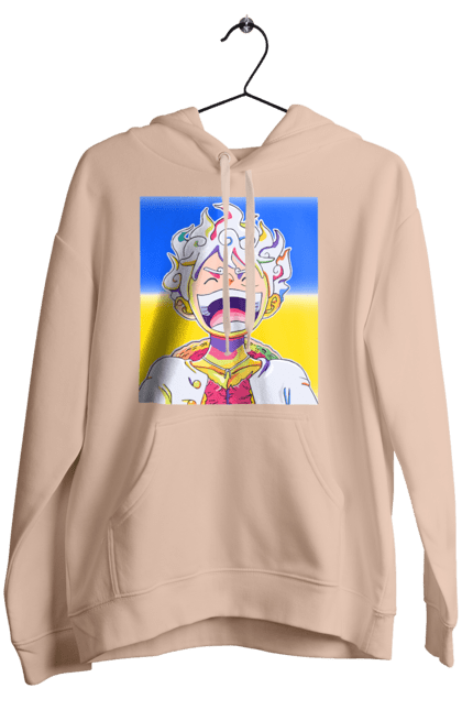 Жіноче худі з принтом "Монкі д Луффі сміється на жовто блактному фоні". Ван піс, луффі, монкі д. луффі, прапор україни, символ україни, україна. 2070702