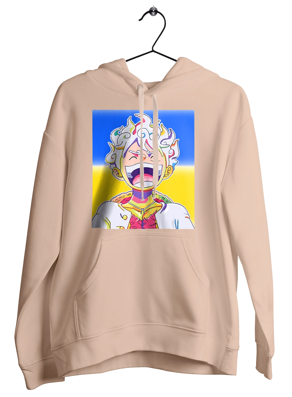 Monkey D Luffy laughing on a yellow blue background