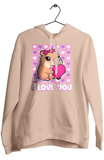 Women`s hoodie with prints Capybara in love. Capybara, cute animals, hearts, i love you, love, romance, romantic gift, valentine, valentine`s day. 2070702
