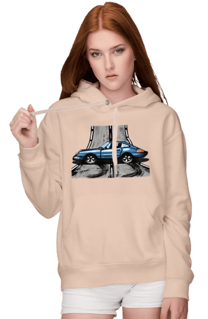 Жіноче худі з принтом "Спортивний Автомобіль На Дорозі". Автомобіль, гонки, синій, спортиного, швидкий, швидкісний. 2070702