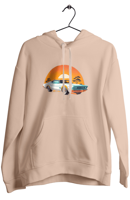 Women`s hoodie with prints Beautiful car at sunset. Auto, decline, sun. 2070702