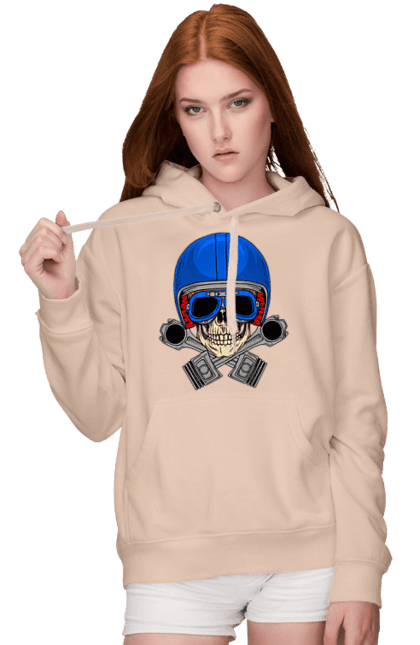 Женское худи с принтом Череп мотолюбитель. Байкер, очки, череп, шлем. 2070702