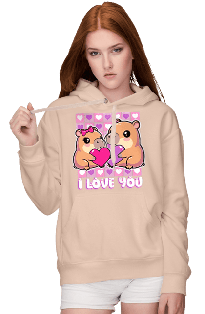 Women`s hoodie with prints Capybara in love. Capybara, cute animals, hearts, i love you, love, romance, romantic gift, valentine, valentine`s day. 2070702