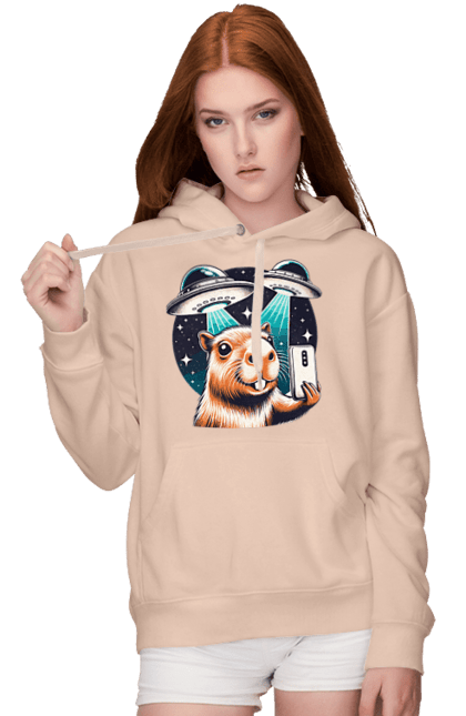 Women's hoodie with prints Capybara. Aliens, animal, capybara, rodent, space, ufo. 2070702