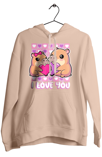 Women`s hoodie with prints Capybara in love. Capybara, cute animals, hearts, i love you, love, romance, romantic gift, valentine, valentine`s day. 2070702