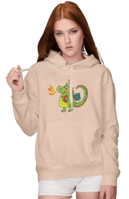 Women's hoodie with prints Dragon in love. Dragon, fire, green dragon, heart, hearts, love, new year, symbol 2024. 2070702