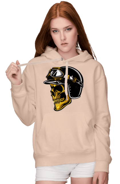 Женское худи с принтом Череп в мотошлеме. Крутой, очи, череп, шлем. 2070702