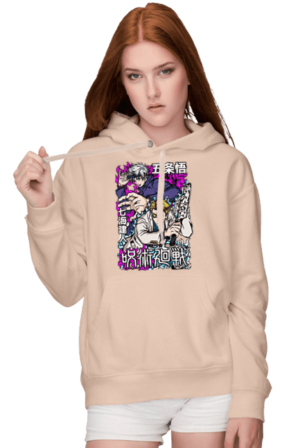 Women's hoodie with prints Jujutsu Kaisen Nanami and Gojo. Anime, dark fantasy, gojo, jujutsu kaisen, magic battle, manga, mystic, nanami, nanami kento. 2070702