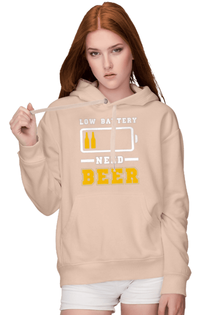 Women`s hoodie with prints Low battery need beer. Alcohol, beer, brutals, funy prints, mans, summer. 2070702