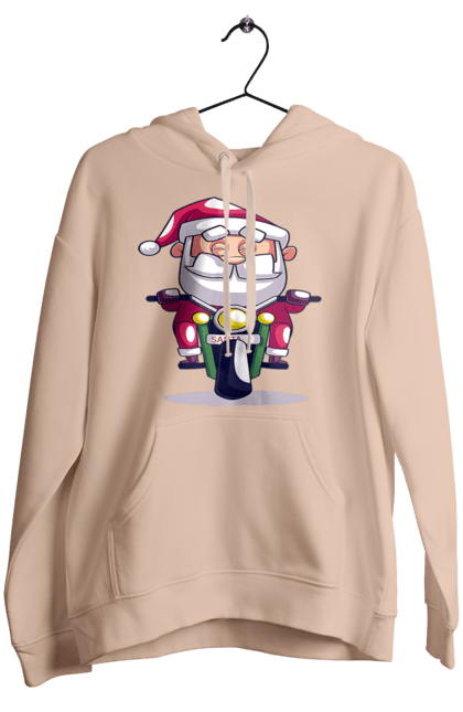 Женское худи с принтом Счастливый санта на мотоцикле. 2022, дед мороз, зима, мотоцикл, новый год, рождество, санта, снег. 2070702