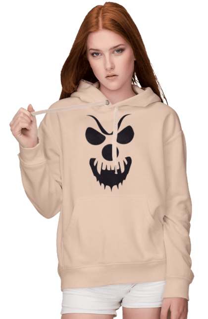 Women's hoodie with prints Halloween pumpkin face. Costume, halloween, holiday, october, october 31, pumpkin, scary, sweets, trick or treat. 2070702