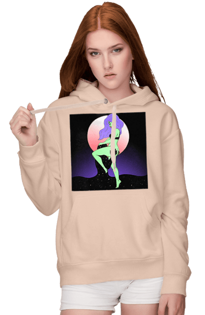 Women`s hoodie with prints Green Girl And The Moon. Alien, moon. 2070702