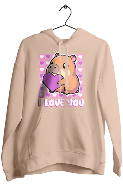 Women`s hoodie with prints Capybara in love. Capybara, cute animals, hearts, i love you, love, romance, romantic gift, valentine, valentine`s day. 2070702