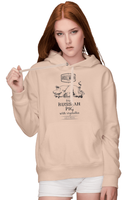 Women`s hoodie with prints Fried russian pig. (light background) In English. Fried, glory to ukraine, patriotic, pig, printing, russian, to buy, ukraine. 2070702
