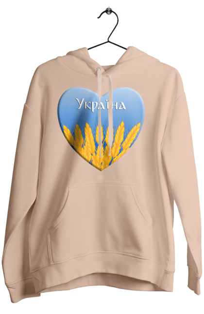 Жіноче худі з принтом "Серце з колосками Україна". Воля, колоски, небо, перемога, прапор україни, пшениця, серце, символ україни, україна. 2070702