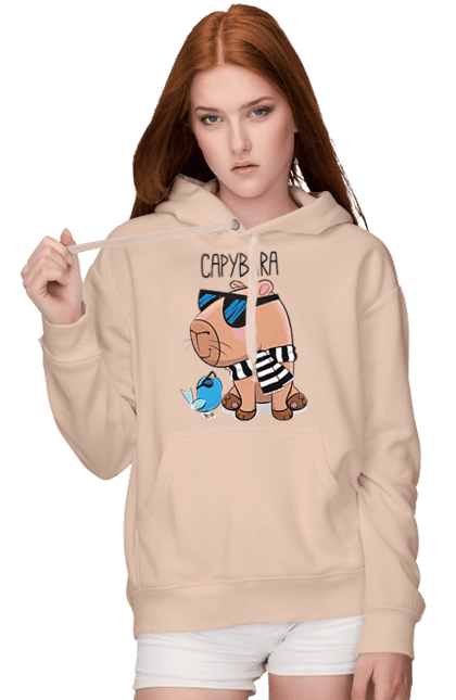 Women`s hoodie with prints Stylish Capybara. Animal, bird, capybara, fashionable capybara, glasses, mood, striped scarf, stylish capybara, sunglasses. 2070702