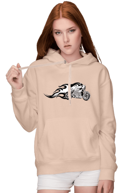 Жіноче худі з принтом "Мотоцикл Вогонь". Мото, мотоцикл, огонь. 2070702