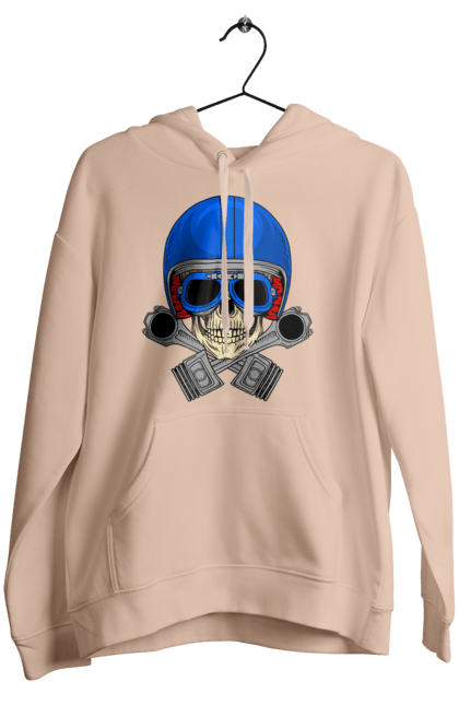 Женское худи с принтом Череп мотолюбитель. Байкер, очки, череп, шлем. 2070702