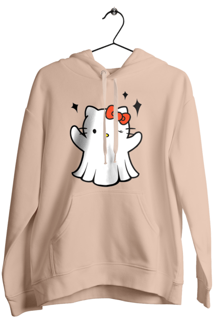 Женское худи с принтом Хелло Китти Хэллоуин. Ghost, halloween, hello kitty, бренд, кот, котенок, персонаж, привидение, хелло китти, хэллоуин. 2070702