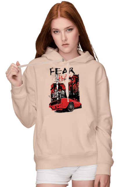 Women`s hoodie with prints Red Car In The City. Riding, town. 2070702
