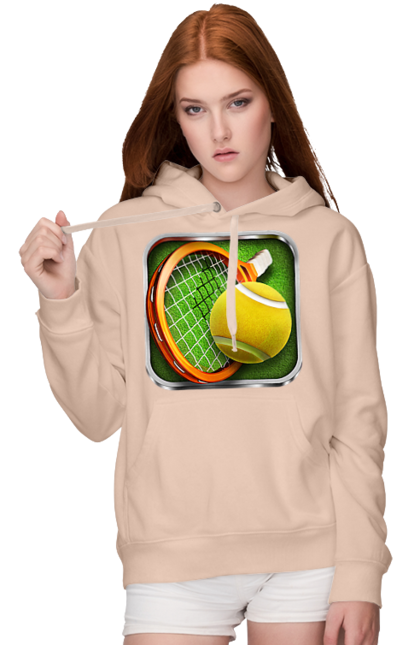 Women`s hoodie with prints Tennis. Ball, ground tournament, london, players, prize fund, racket, sponsor, tennis, tournament grid. 2070702