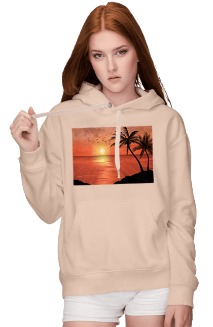 Women`s hoodie with prints West Palm Sea. Palm trees, sea, shore. 2070702