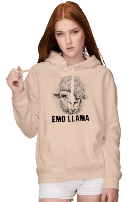 Women's hoodie with prints Emo Llama. Alpaca, animals, distressed, emo, funny, llama, vintage. 2070702