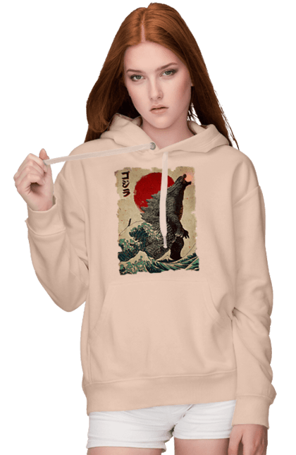 Women's hoodie with prints Godzilla. Dinosaur, godzilla, japan, kaiju, movie, mutant. 2070702