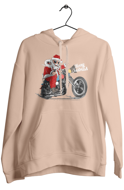 Жіноче худі з принтом "Санта в окулярах на мотоциклі". Байкер, дід мороз, зима, мотоцикл, новий рік, різдво, санта, санта клаус, сніг, щасливого різдва. 2070702