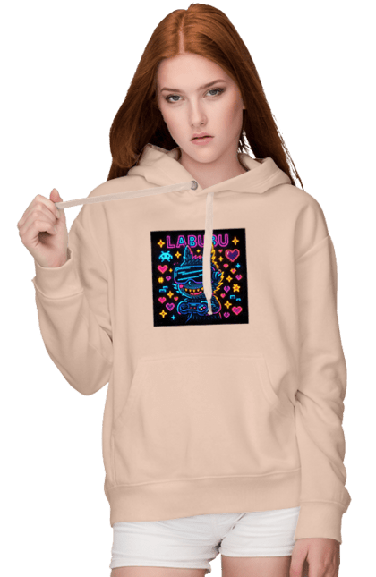 Жіноче худі з принтом "Лабубу". Vrочки, геймеркультура, геймпад, іконкиаркади, кіберарт, лабубу, неонгеймінг, піксельарт, ретроаркада, світиться. 2070702