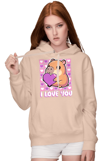 Women`s hoodie with prints Capybara in love. Capybara, cute animals, hearts, i love you, love, romance, romantic gift, valentine, valentine`s day. 2070702