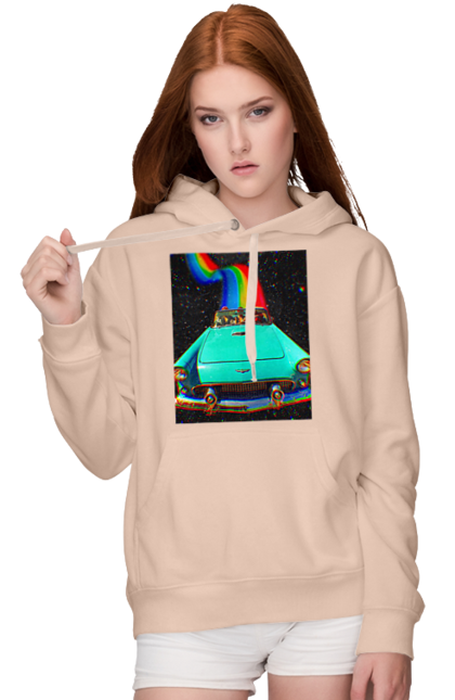 Женское худи с принтом Картина, машина в космосе. Картина, космос, машина, поездка, прикол, путешествия, радуга, ретро. 2070702