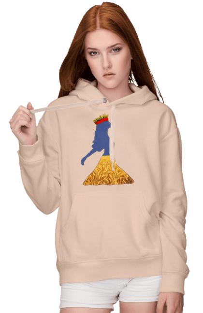 Жіноче худі з принтом "Україна". Вінок, дівчина, дівчинка, жовтий синій, жовто-блакитне, маки, національні кольори, небо, пшеничне поле. 2070702