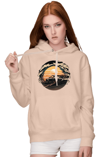 Women`s hoodie with prints Dodge at sunset. Car, cars, dodge. 2070702