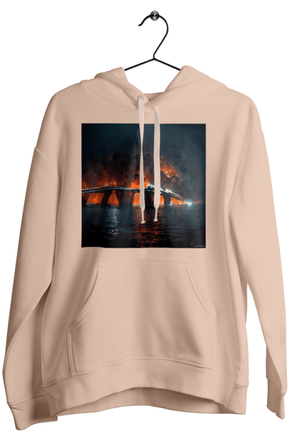 Женское худи с принтом Горит Крымский мост.. Армия россии, армия украины, воздушный удар, зсу, крым, мост, поместиться, шок. 2070702