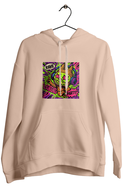 Women`s hoodie with prints Labubu. Comicstyle, evening, graphite, headphones, labubu, neon, popart, rave, stars and stars, vulichne mystetstvo. 2070702