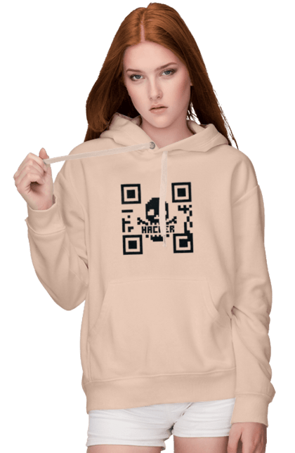 Жіноче худі з принтом "Хакер hacker". Geek, hacker, ios, qr code, qr код, ай ті, айтішник, геймер, гік, іт, мем, позитив, пранк, програміст, розробник, хакер. 2070702