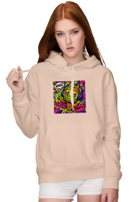 Women`s hoodie with prints Labubu. Comicstyle, evening, graphite, headphones, labubu, neon, popart, rave, stars and stars, vulichne mystetstvo. 2070702