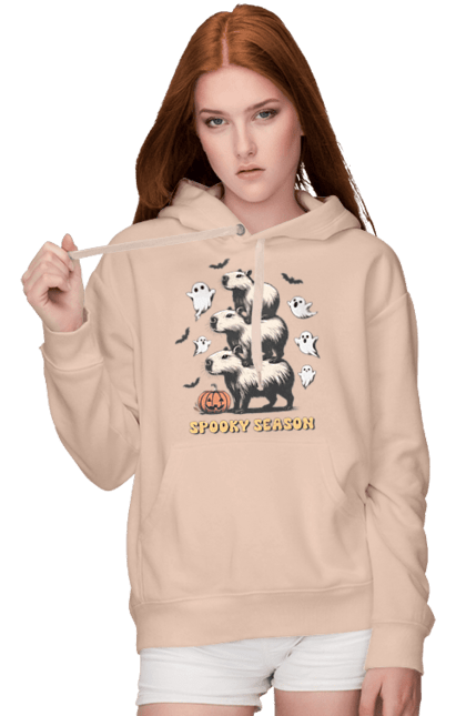 Women's hoodie with prints Capybara Halloween. Animal, capybara, ghost, halloween, holiday, moon, pumpkin, rodent. 2070702